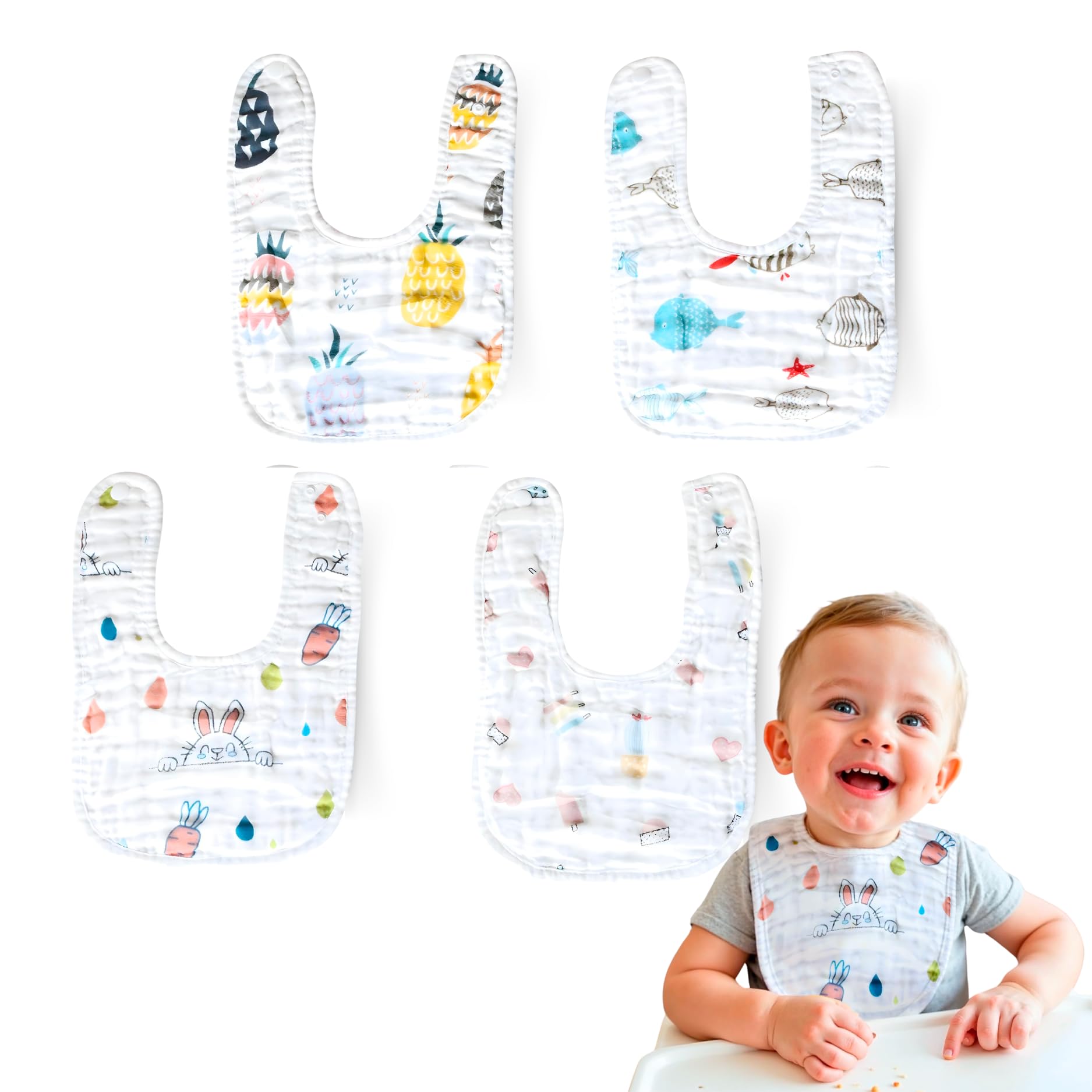 Cantoblanc® Newborn Baby Bibs 100% Organic Cotton, 4 units. Waterproof Baby Bibs with 10 Highly Absorbent Layers. Bandana Muslins for Breastfeeding and Feeding. Multicolored Unisex Gauze.