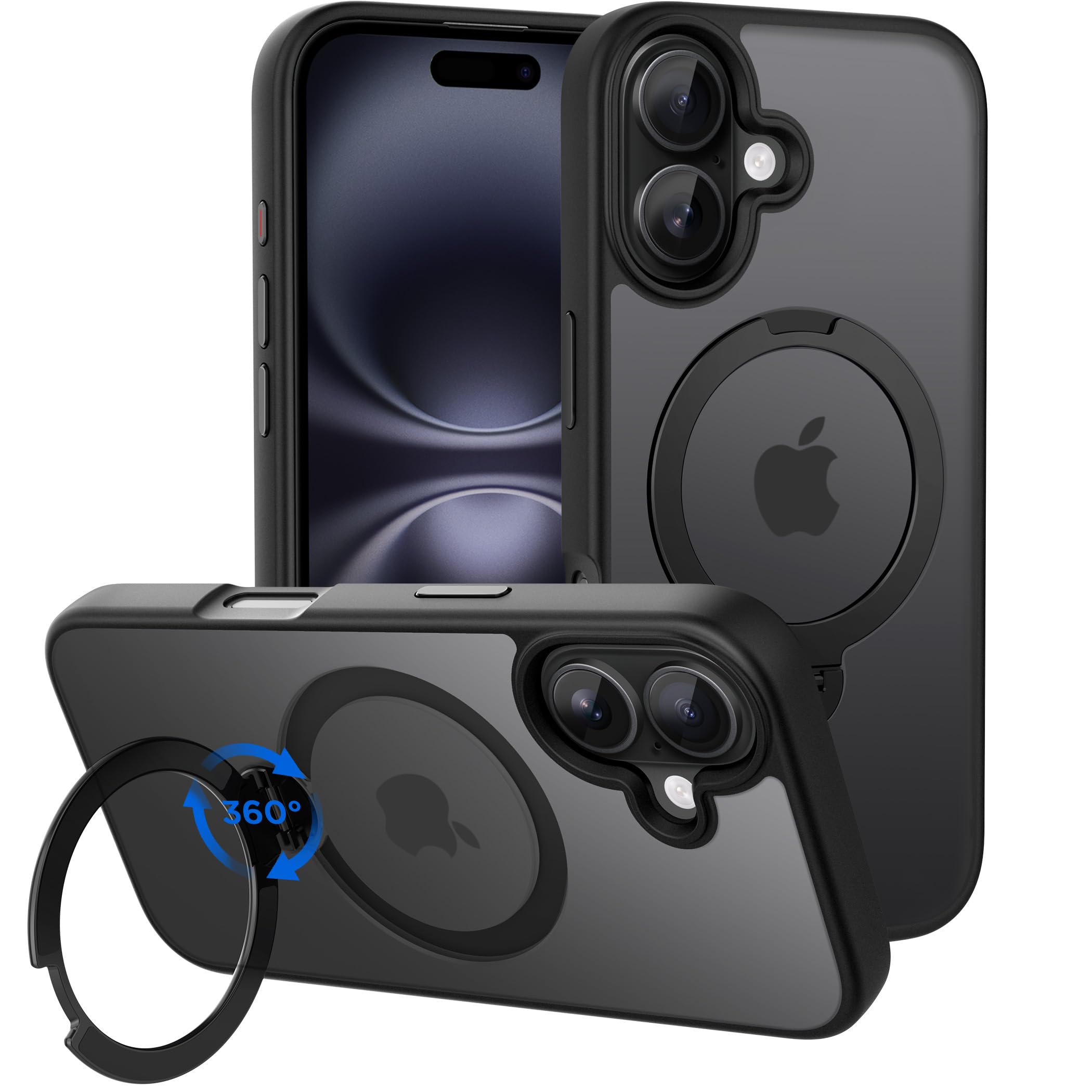 Photo 1 of CACOE Magnetic Case for iPhone 16 6.1 inch with 360 Rotatable Ring Stand, Compatible with MagSafe Car Phone Mount, Cases Cover Phone Holder for Desk Meeting/Videos?Matte Black?