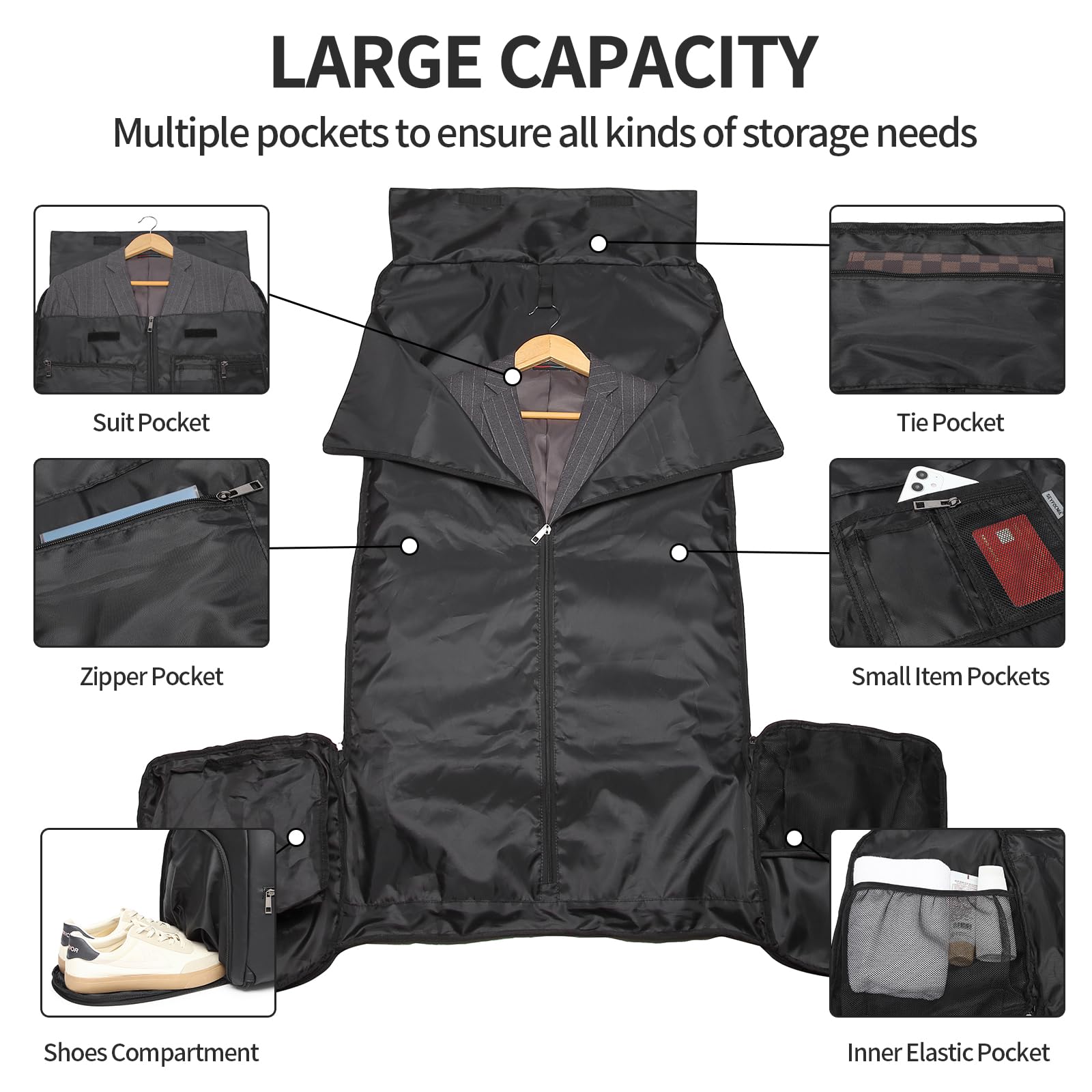 Carry-on Garment Bag for Travel, Convertible Travel Garment Bag for Men and Women, 2 in 1 Hanging Suitcase, Suit, Business Travel Bag, A02 Black, garment bag for travel