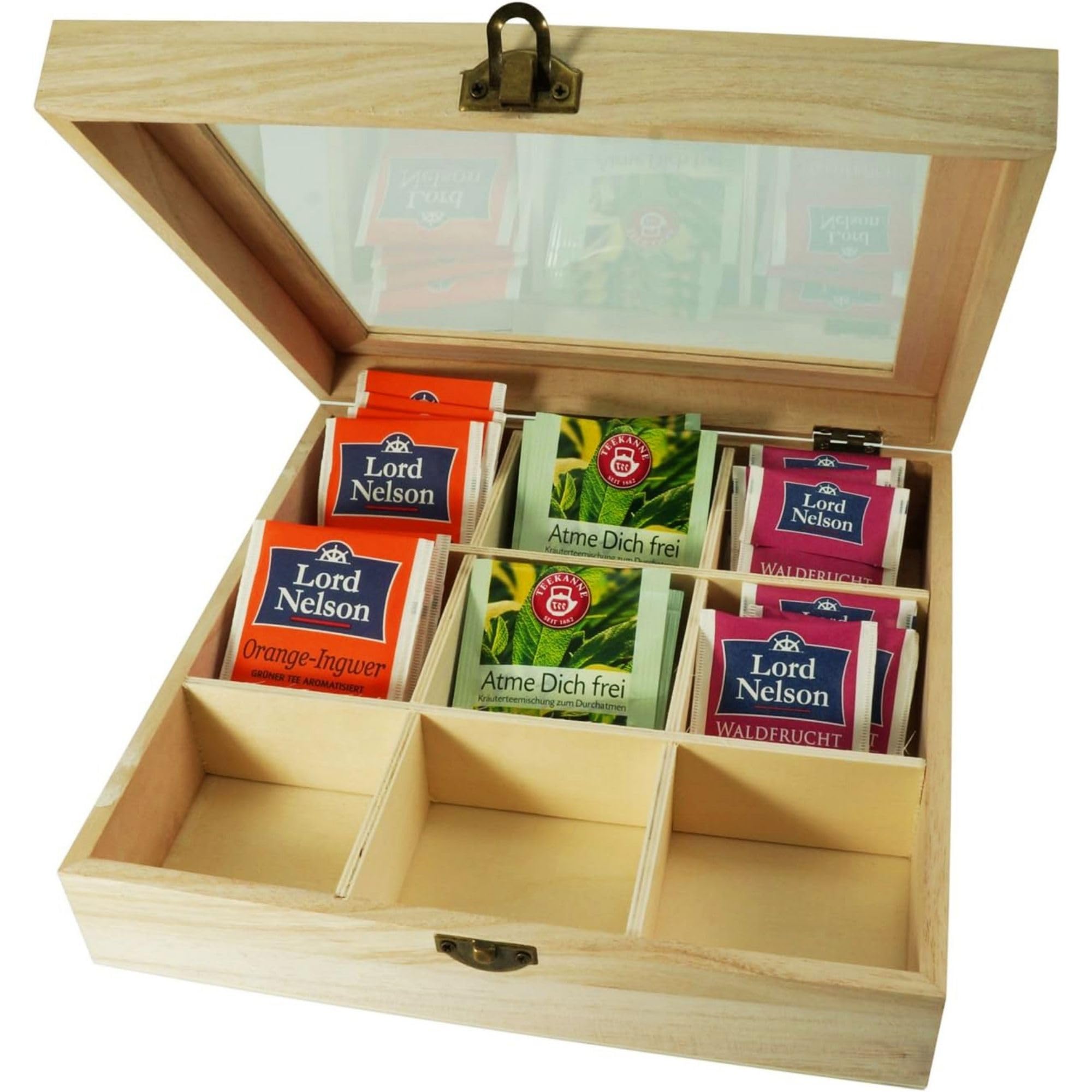 Incutex wooden tea storage box, tea bag organizer, chest container with 9 compartments and transparent lid for individual tea bag storage, light brown