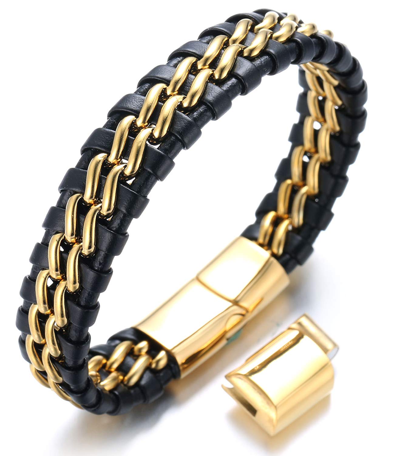 HALUKAKAH Plus ● Solo Silver/Honor Gold/Nightwatch Black ● Men's Genuine Leather Bracelet Titanium Chain Magnetic Clasp 21.5-23cm with Free Giftbox (Honor Gold Double Chain with An Extra Clasp)