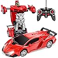 Transformable Remote Control Car for Boys 4-7 8-12 Gifts, 1:18 Transform Robot Toy Car with 360° Rotating Led Lights & One Button Deformation, Kids Robot Toys for 3 4 5 6 7 8 9 10+Years Old, Red