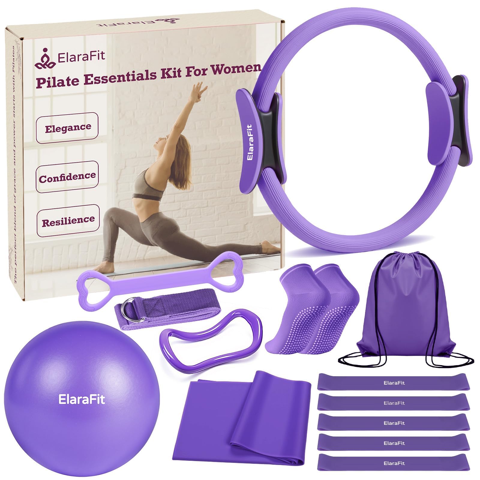 Photo 1 of ElaraFit Pilates Kit for Women Home Workout Equipment with Magic Circle Ring, Yoga Ball, Resistance Bands, Complete Fitness Starter Set for Core Strength Toning