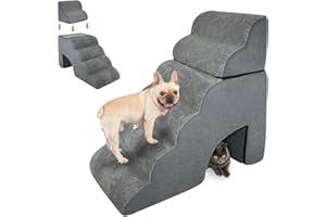 QONIMM Dog Stairs Ramp for High Bed, 31.5 in Height 6-Step Curved Dog Steps for Small Dogs and Cats, Foam Pet Stairs for Couch, Non-Slip Balanced Portable Pet Step Indoor