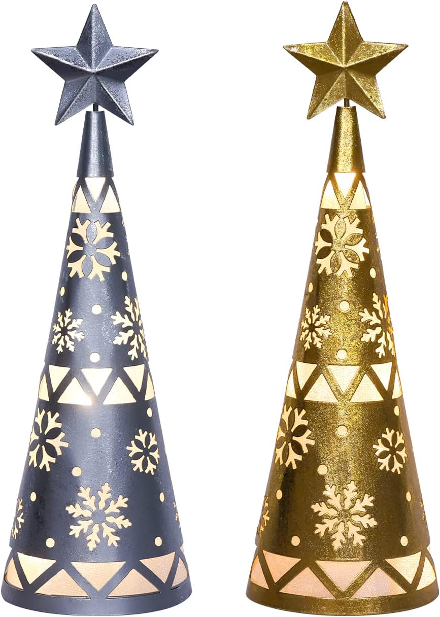 Trees - YEAHOME Christmas Decorations Indoor, Set of 2 Lighted Christmas Table Decor with Star and LED Lights Battery Operated Home Decor, Xmas Holiday Wedding Party Tabletop Desk Ornament (Gold, Silver)