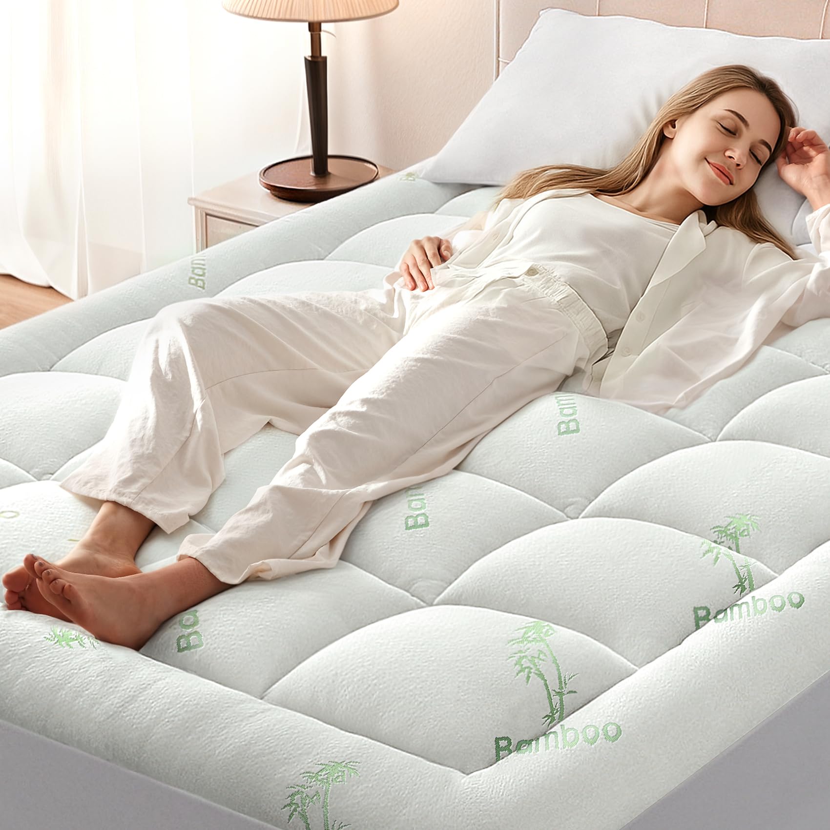 Photo 1 of Anluoer Memory Foam Mattress Topper Queen for Back Pain, Rayon Derived from Bamboo Pillow Top Mattress Topper for Hot Sleepers,Cooling Mattress Pad with 8-21" Deep Pocket, 60x80 Inches, White