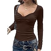 AKLOPVII Women Cute Sweetheart Neck Ruched Crop Tee Tops-Y2k Lace Pointelle Long Sleeve Fitted Cropped Tshirt Fall Outfits