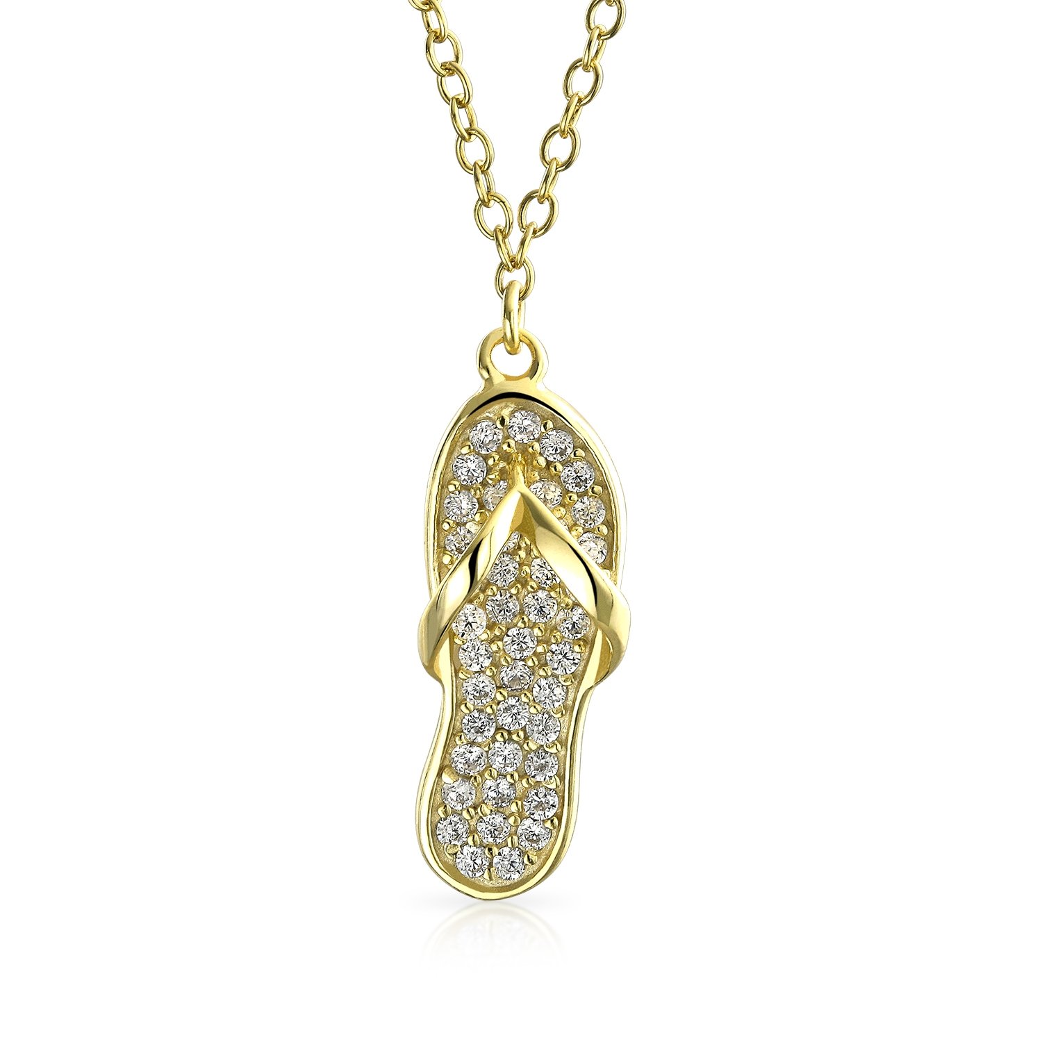 Bling Jewelry Tropical Vacation Nautical Pave CZ Accent Flip Flop Sandal Pendant Necklace For Women For Teen Gold Plated .925 Sterling Silver — image 1