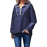 Famulily Cute Half Zipper Lapel Collar Pullover Tops Casual Drop Shoulder Contrast Color Line Sweatshirt with Kangaroo Pocket