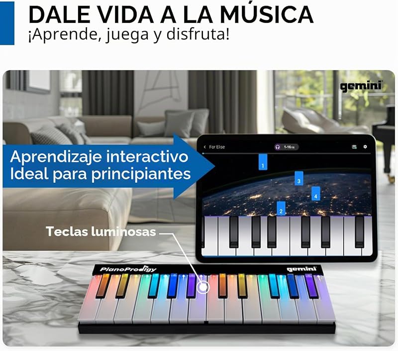 Sound PianoProdigy Teclado MIDI inalámbrico iluminado de 24 teclas GPP-101, Debe conectarse a un dispositivo iOS/Android para obtener sonido, Ampliable, Bluetooth, portátil