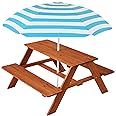 Best Choice Products Kids Wooden Picnic Table, Outdoor Activity & Dining Table w/Adjustable Collapsible Umbrella, Built-in Seats - Golden Brown/Aqua
