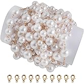 HLTOO 9.84Feet/3M Faux Pearl Chain, Gold Stainless Steel Chain Link with Lobster Clasps, for Jewelry Making Craft Supplies Findings (6 Sizes Pearls)