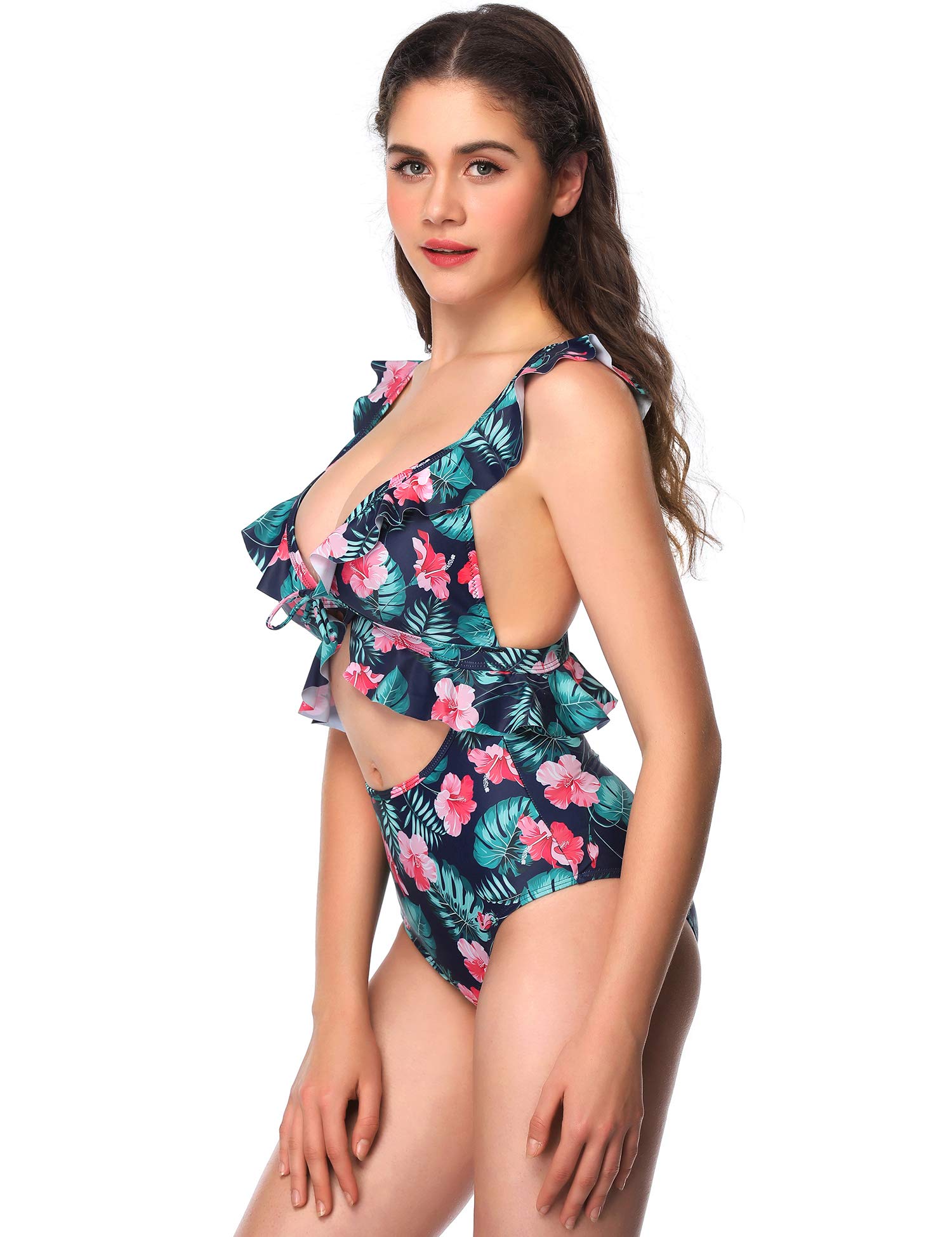Verano Playa Women High Waisted Cutout One Piece Swimsuit Ruffle Printed Monokini with High Leg Cut Bathing Suit
