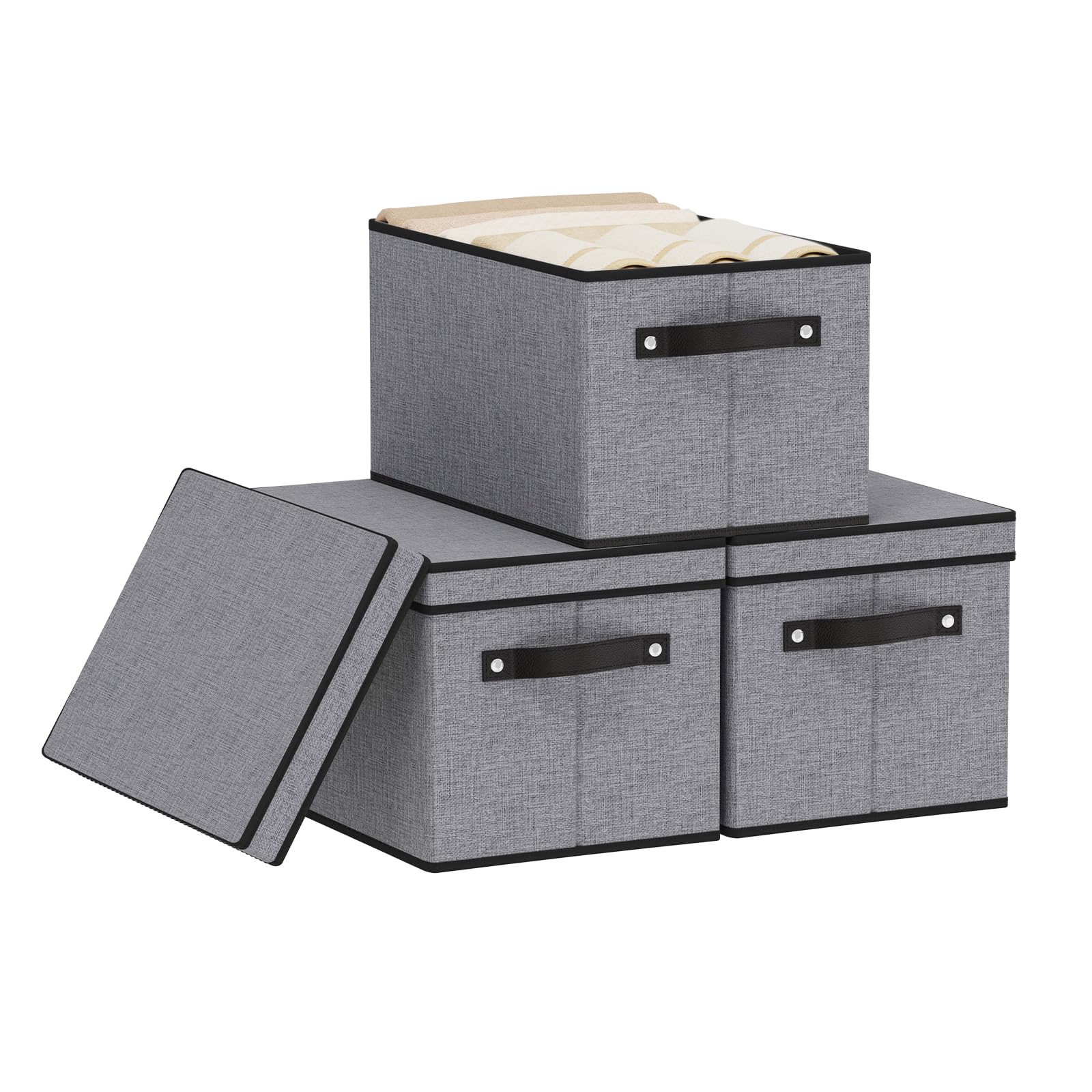 YheenLf Storage Boxes with Lids, 3-Pack Shelf bins with Handles, Foldable Cube Organizer Basket for Organizing, Linens Clothes, Shelves Organiser, Gray, 38×25×21 cm