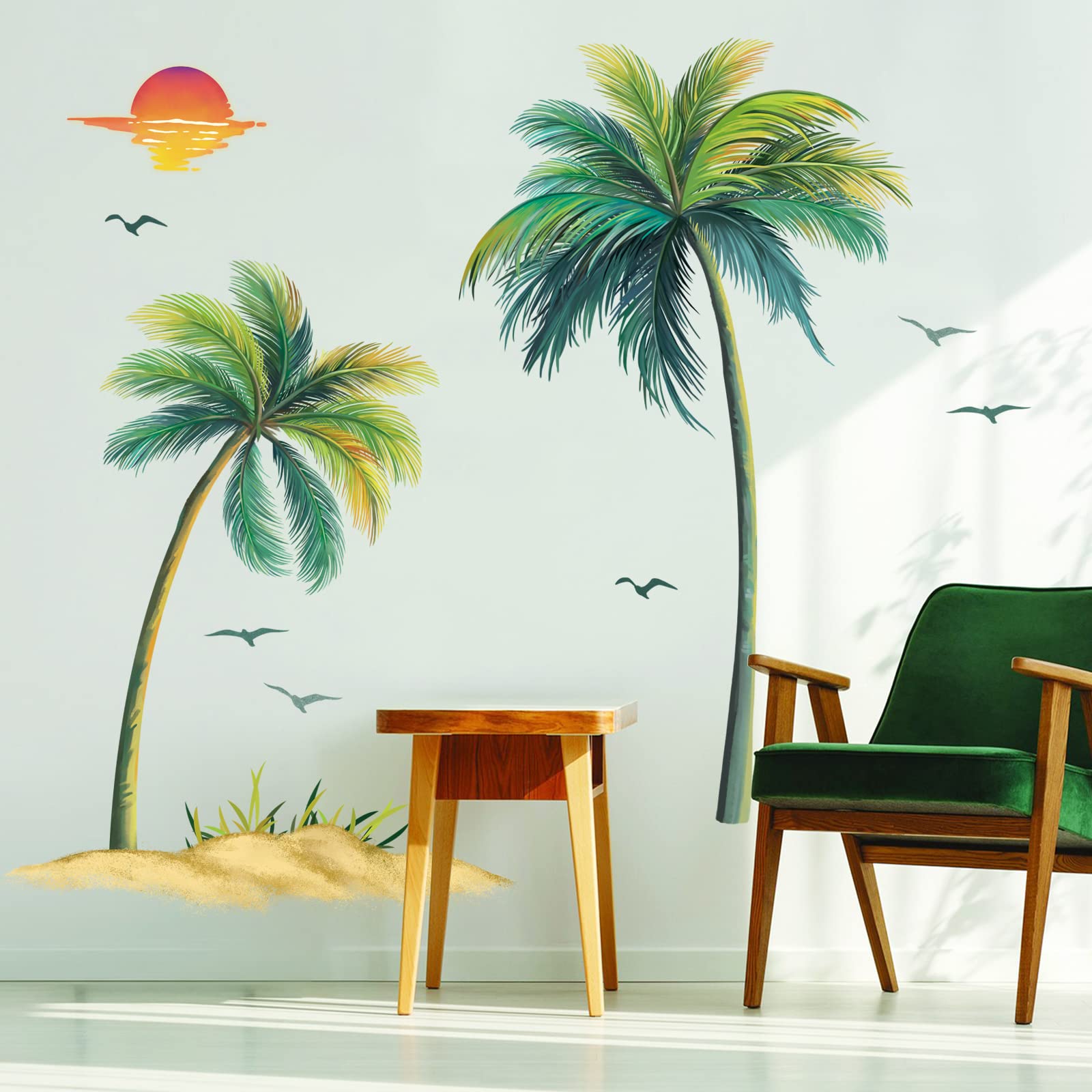 decalmile Palm Tree Wall Decals Tropical Plant Bird Wall Stickers Bedroom TV Wall Living Room Wall Decor (H:145CM)