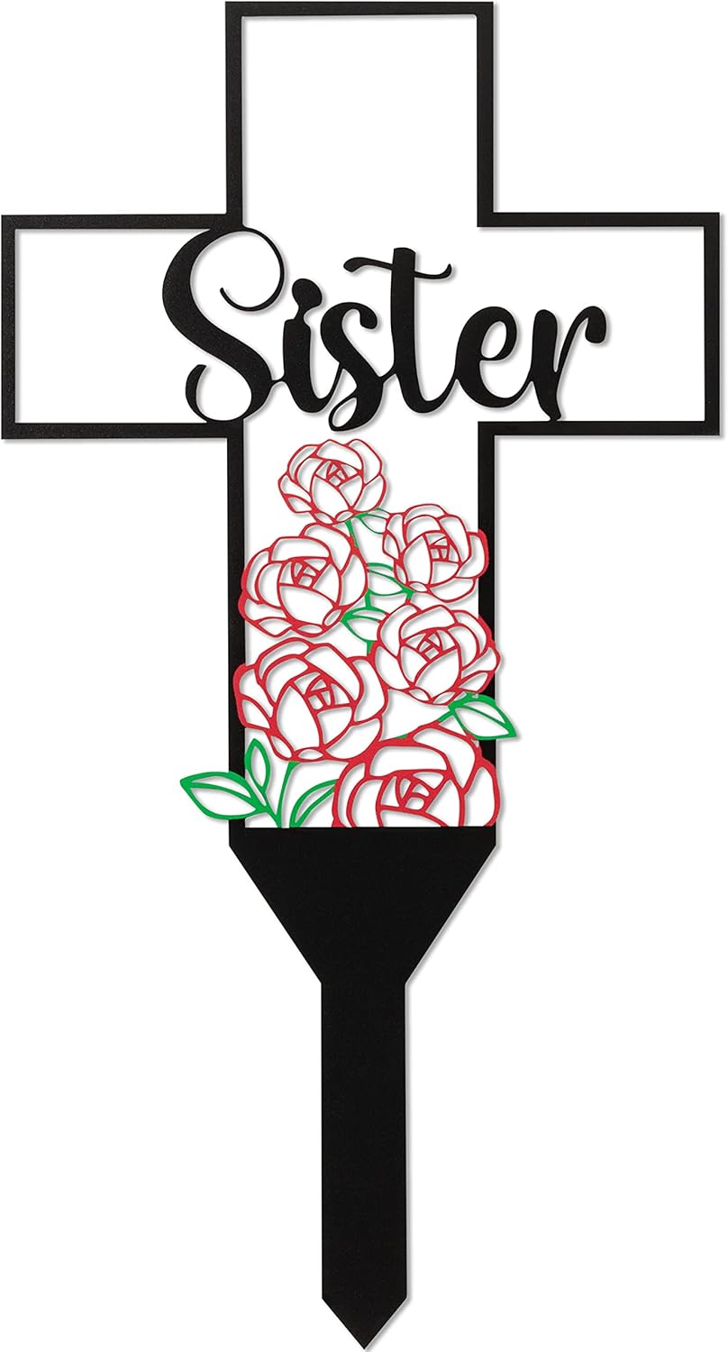 Decorative Garden Stakes - BUoonyer Sister Memorial Graves Markers Cemetery Decorations, Metal Cross Stakes Grave Stones Cemetery Headstones Decor, Girls Graveyard Remembrance Graveside Sign for Garden Outdoor Outside Yard