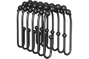 Shower Curtain Hooks, Black Rust Proof Non-Slip Double Hooks for Shower Curtain, Sturdy Metal Rings Bathroom 12Pcs