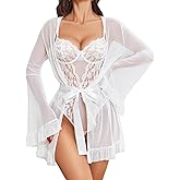 Avidlove Women Sexy Lingerie Set 2 Piece Sheer Kimono Robe with Lace Teddy Lingerie Bodysuit