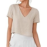IDEALSANXUN Womens Short Sleeve Linen Shirts Casual Spring Summer V Neck Cute Crop Beach Blouse Tops
