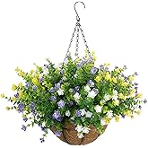 BCBLF Artificial Hanging Flowers Basket, 12 UV-Resistant Bundles of Realistic Fake Flowers, Faux Plants for Outdoor Decor, Home, Garden, Porch, Patio, Spring & Summer Decorations, Yellow Purple White