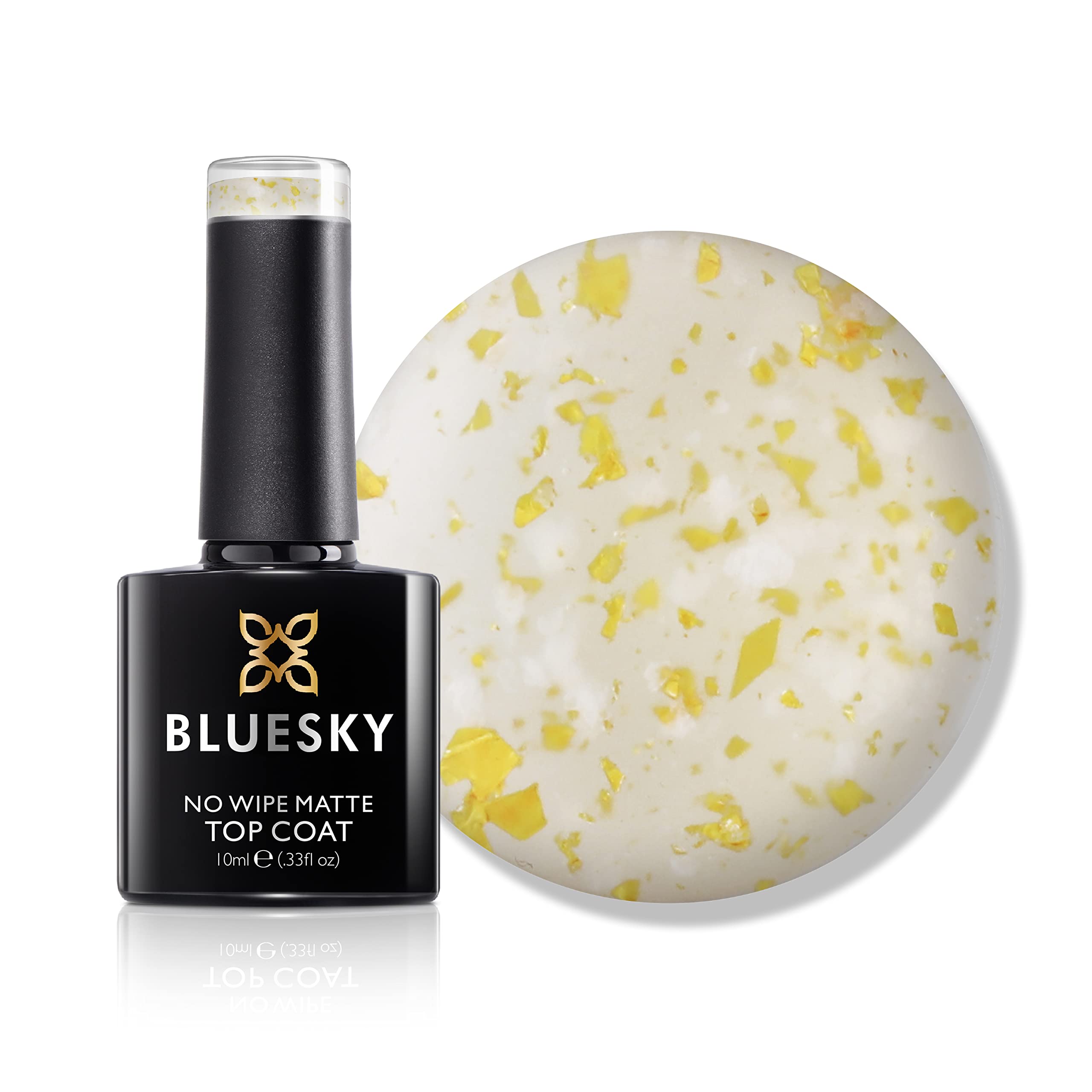 Bluesky Gel Nail Polish, No Wipe Matte Flower Top Coat, Clear with Gold and White flakest, Matte Finish, 10ml (Requires curing under UV/LED Lamp)