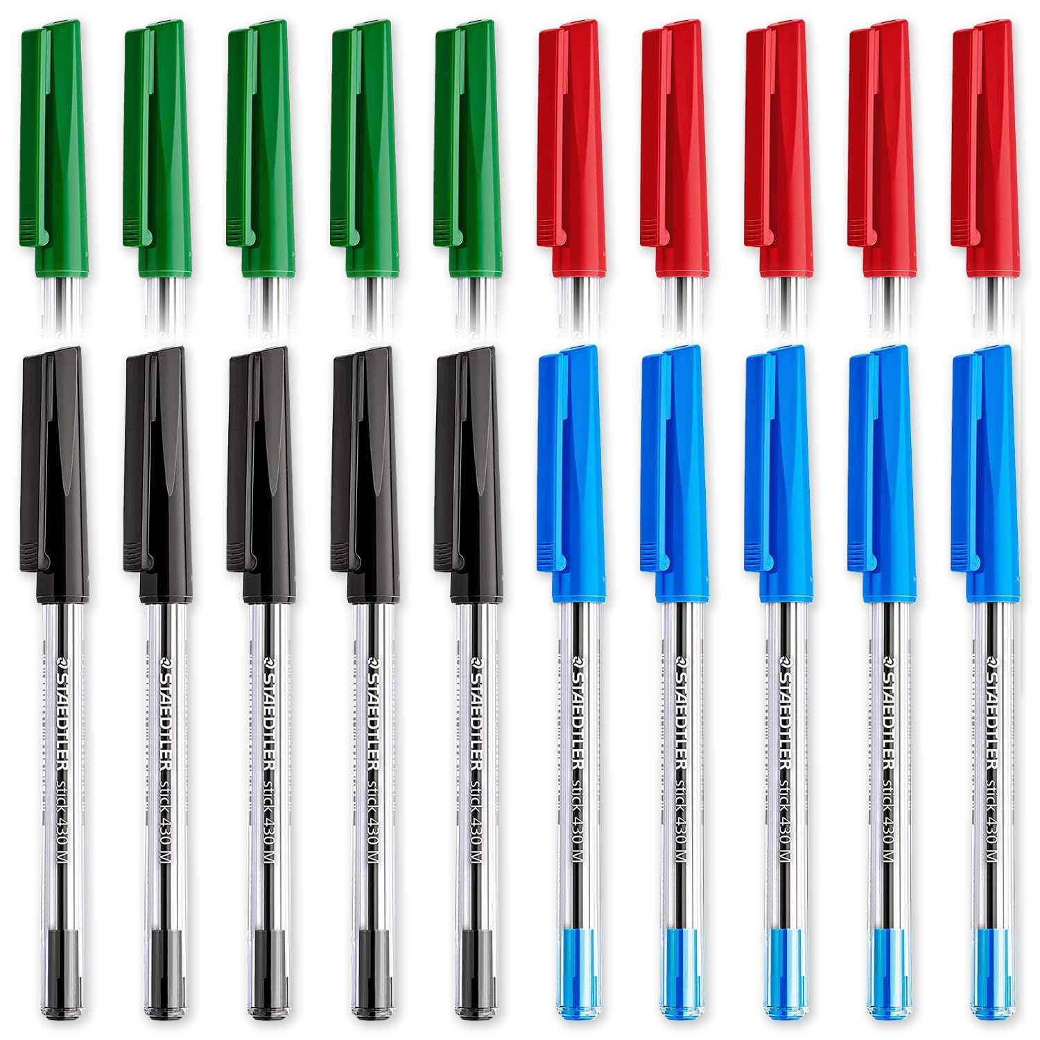 STAEDTLER Medium 0.5mm 430 M Stick Ballpoint Pens Writing Pen Smooth - 10 x Black, 10 x Blue, 10 x Red & 10 x Green - Economy Class Pack of 40
