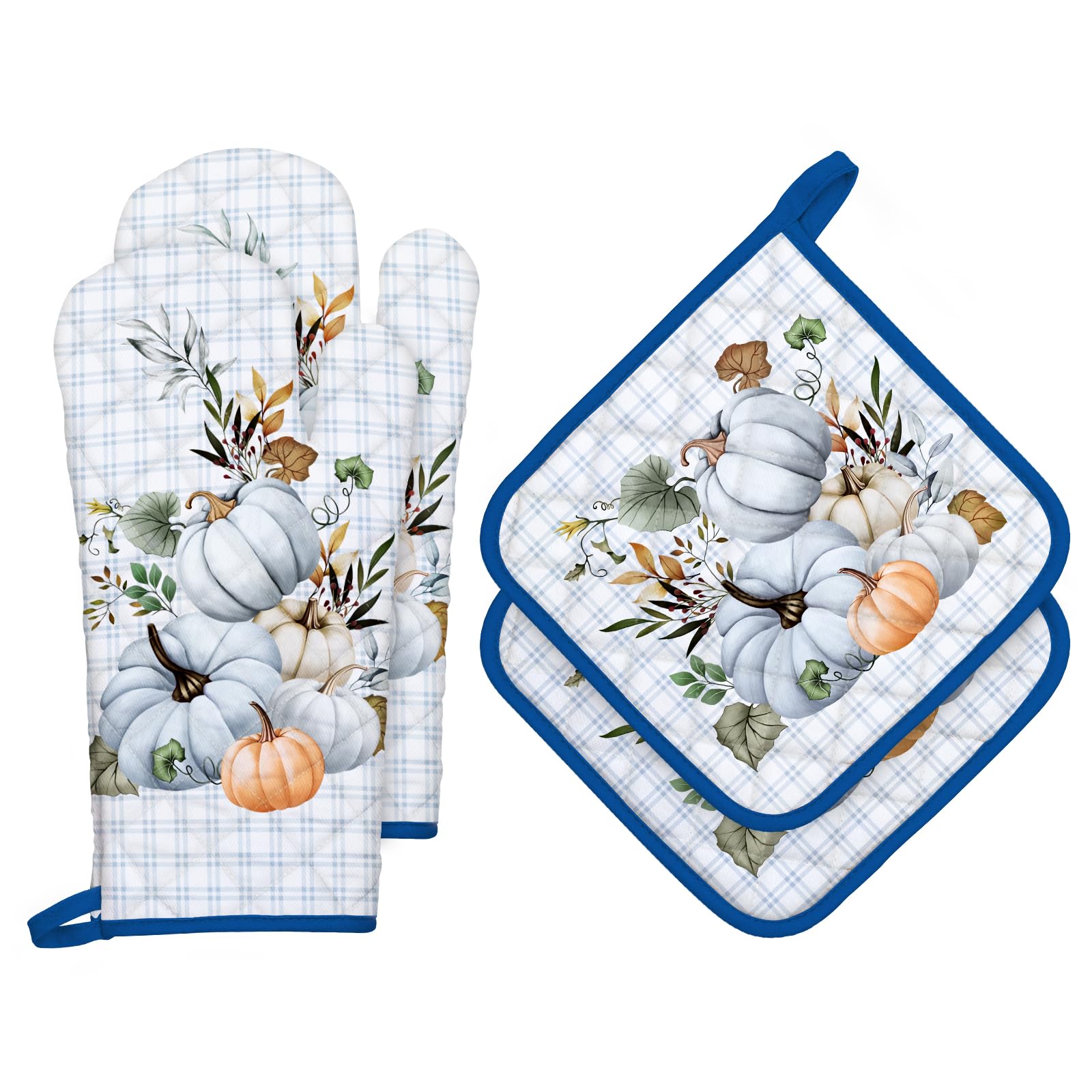 Arquiel Blue Pumpkin Oven Mitts and Pot Holders -100% Cotton, Heat Resistant Extra Long Oven Gloves & Hot Pads for Cooking BBQ Grilling Baking Gift, Set of 4