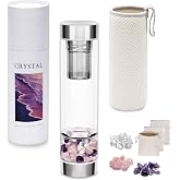 DiDiBirDi 500ml Crystal Water Bottle,Leak‑Proof,Removable Strainer | Borosilicate Glass,Includes Amethyst &amp; Rose Quartz Stones,Reusable Crystal Infuser,Gift Idea for Tea Lovers