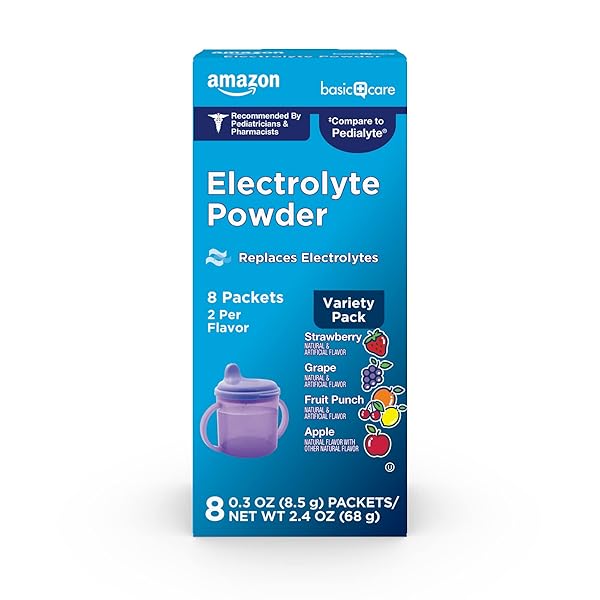 AMAZON BASIC CARE ELECTROLYTE POWDER VARIETY PACK, APPLE, FRUIT PUNCH, GRAPE, STRAWBERRY, 8 COUNT