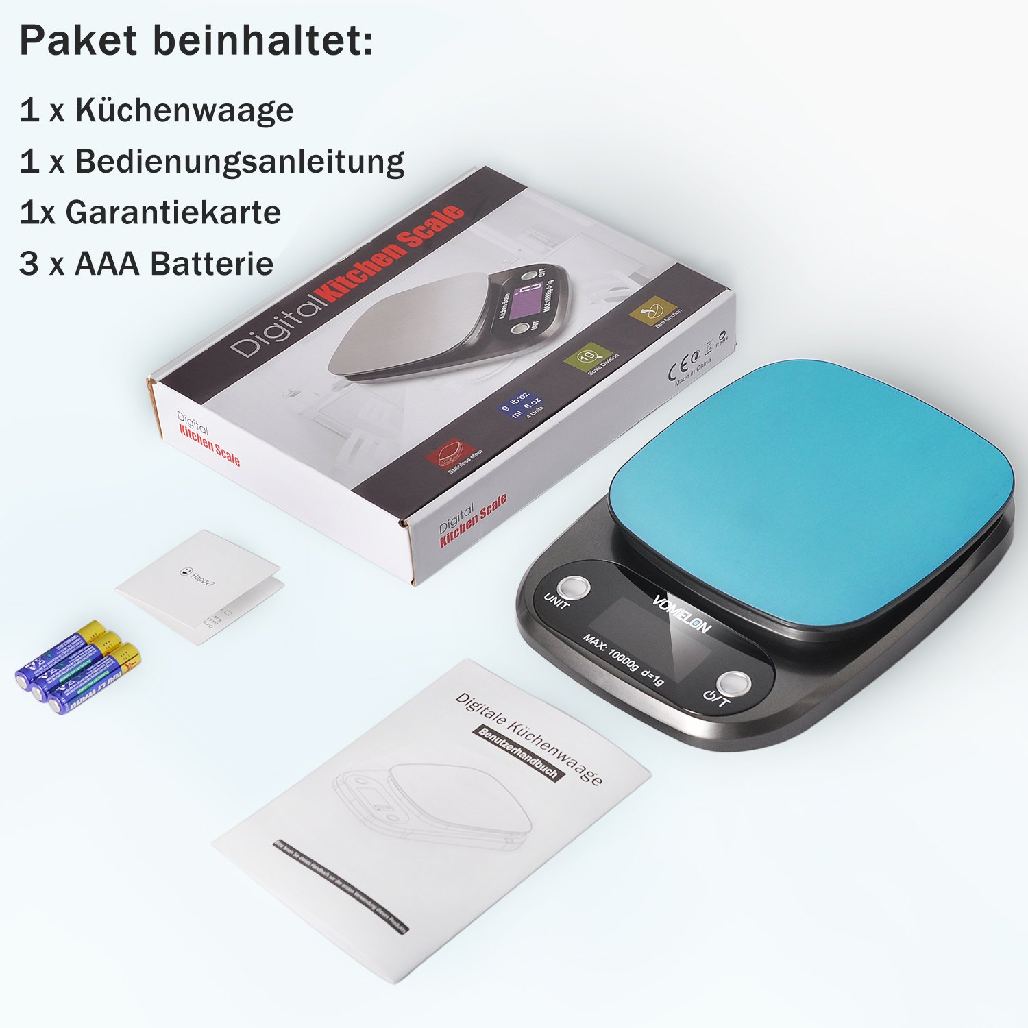 Elektronische Küchenwaage,10kg x 1g, Elektronische Waage mit Größerer Plattform Edelstahloberfläche, Tara-Funktion, Großes LCD-Display