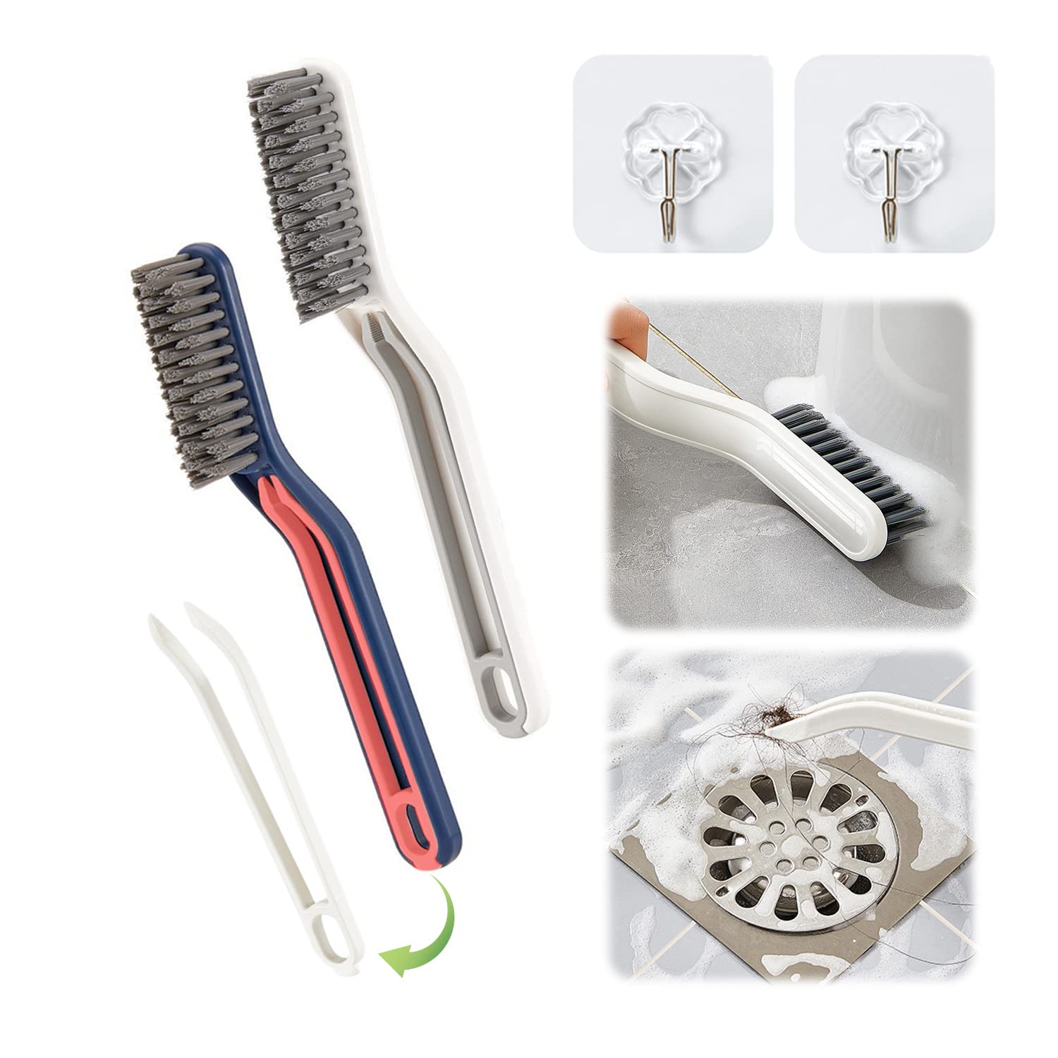 2 Pieces 2 in 1 Floor Seam Brush, Multifunctional Bathroom Cleaning Brush, Clip Hair Window Cleaning Brush, Suitable for Toilet, Kitchen, Bathroom (White, Blue)