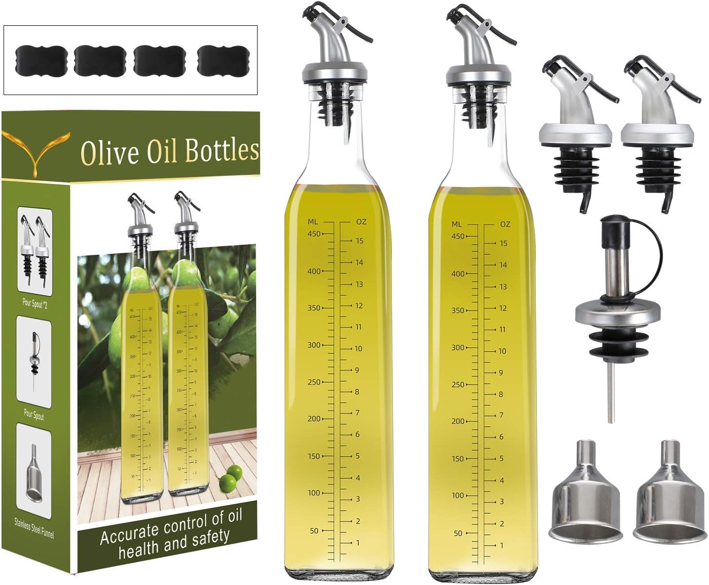HABOM Glass Olive Oil Bottle Set-17 oz Oil & Vinegar Dispenser Cruet with Pourers and Funnel,Wide Opening for Refill and Cleaning,Oil Bottles Carafe Decanter for Kitchen (Set of 2): Home Improvement