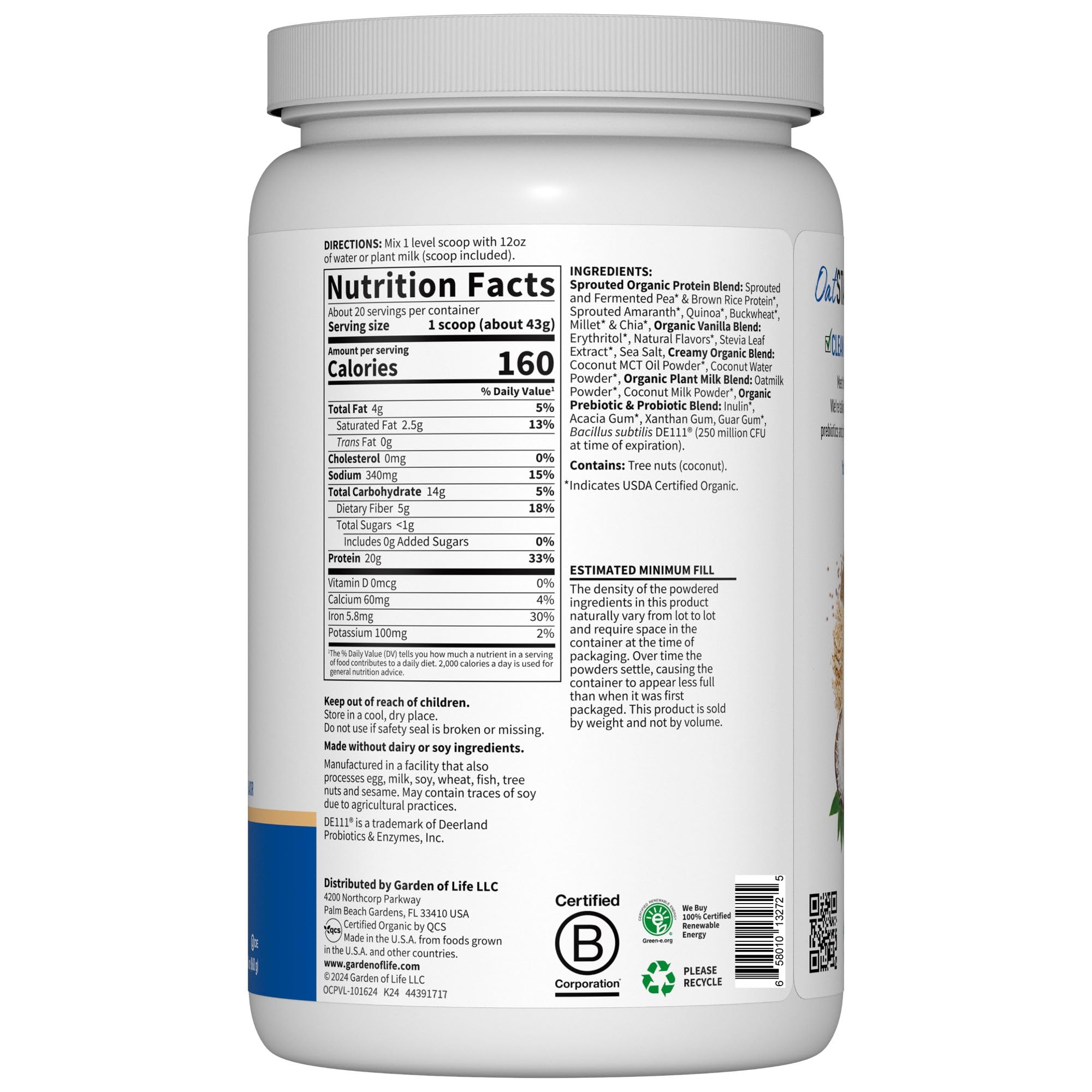 Garden of Life Creamy Vanilla Cookie Protein Powder + Oatmilk 20g Organic Vegan Plant Based Protein, Coconut Water, MCTs, Sprouted Grains, Prebiotics, Probiotics – Non-GMO, Gluten-Free, 1.90 LB