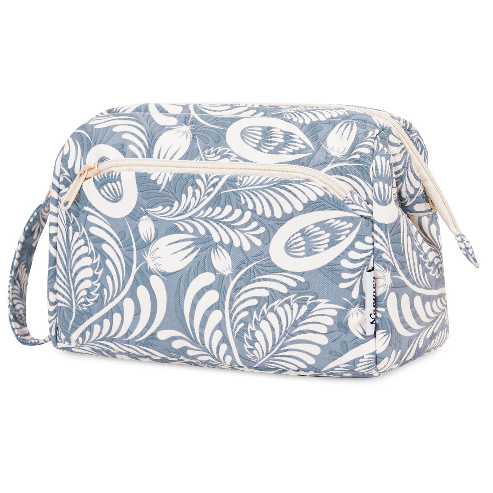 Photo 1 of Narwey Women Makeup Bag Wide-open Make up Bag Travel Cosmetic Organizer Toiletry Bag for Cosmetics Toiletries Accessories (Blue Leaf)
