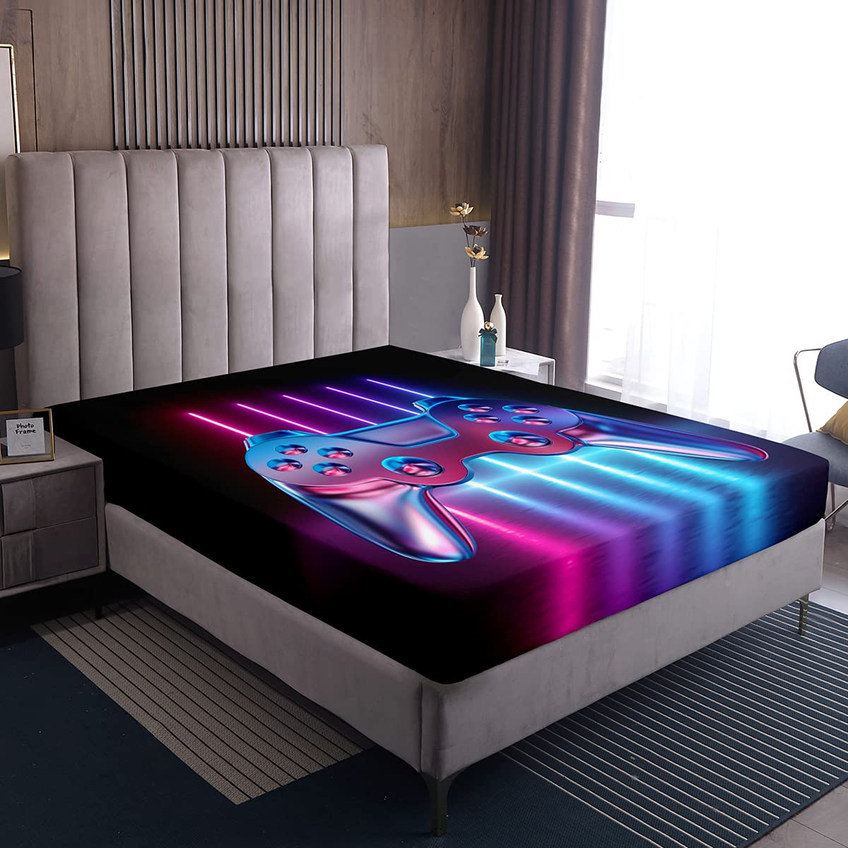 Loussiesd Boys Game Fitted Sheet 100% Microfiber Breathable Video Game Gamepad Only Bedsheet No Pillowcases Fitted Sheets Luxury Double(135x200+30cm)