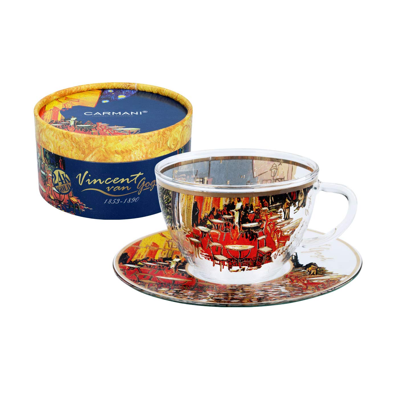 Carmani - Unique Glass Painted Coffee Latte Cappuccino Tea Hot Chocolate Cup with 'Café Terrace at Night' by Vincent Van Gogh