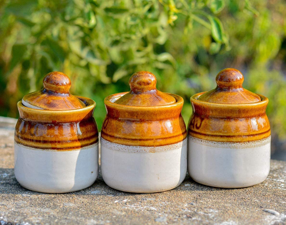 SHRIYAM CRAFT Ceramic Pickle Jar Set with Lid 250ml, Set of 3, Brown