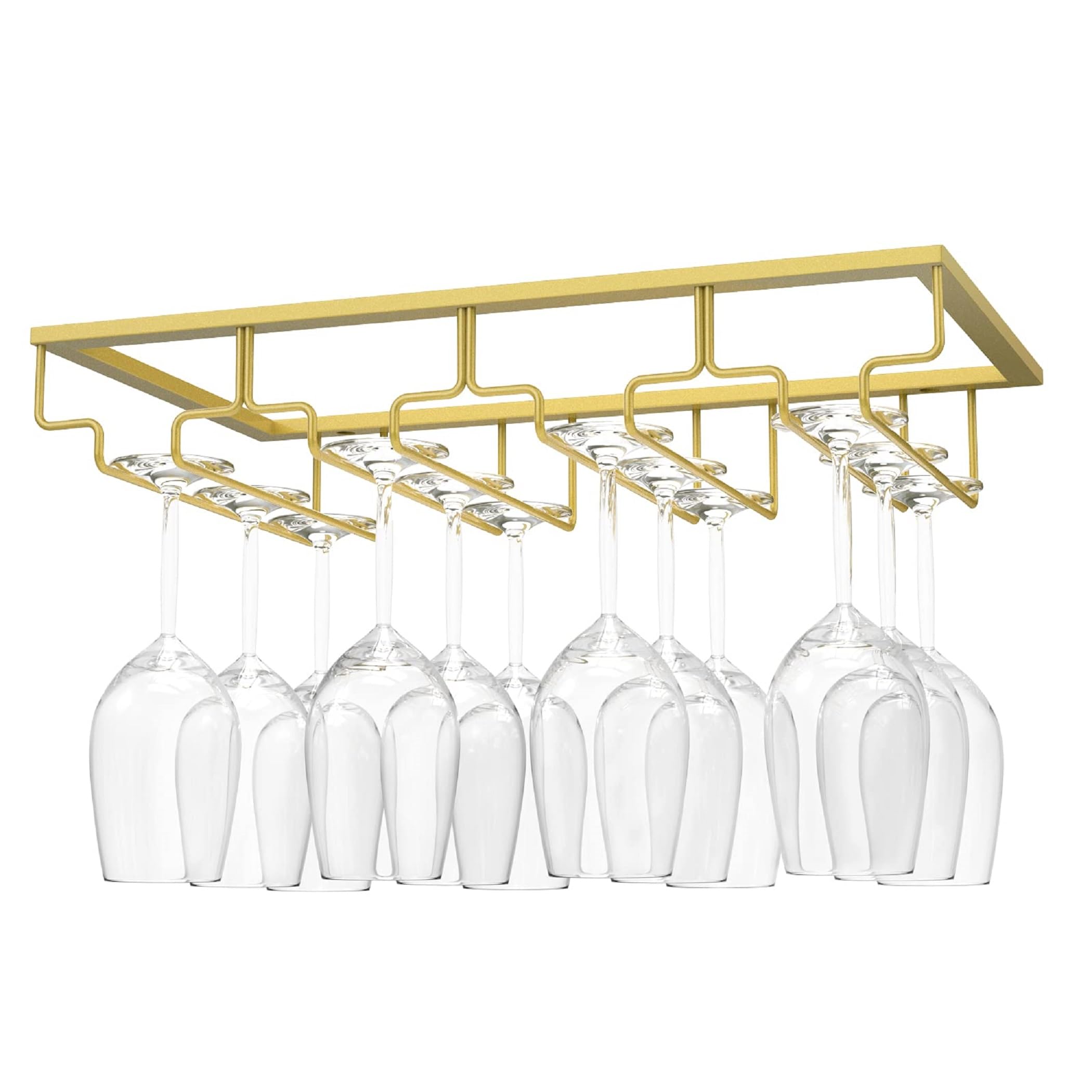 Nuovoware Hanging Stemware Holder, Wine Glass Holder with 4 Rails for Under Shelf Glass Cabinet - Chrome Gold