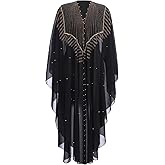 OBEEII Muslim Dress for Women Loose Batwing Sleeved Hooded Beaded Embroidery Long Abaya Dress Kaftan Abayas Islamic Robe
