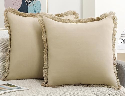 Set of Natural Linen Fringed Throw Pillow Covers,Beige Neutral