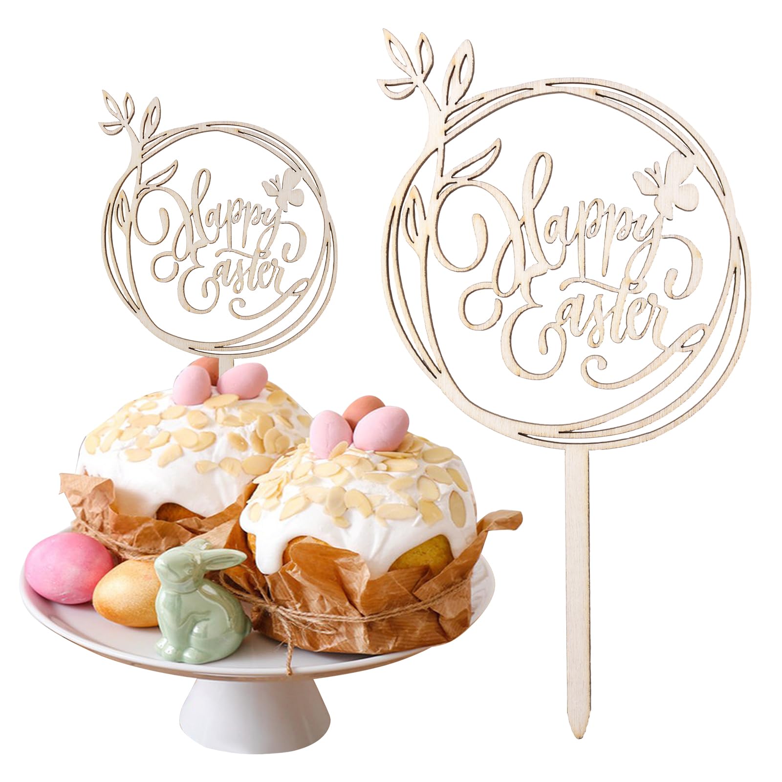 URROMA Happy Easter Cake Toppers, 10pcs Wooden Cupcake Topper Easter Cake Topper Cake Party Decorations for Easter Day