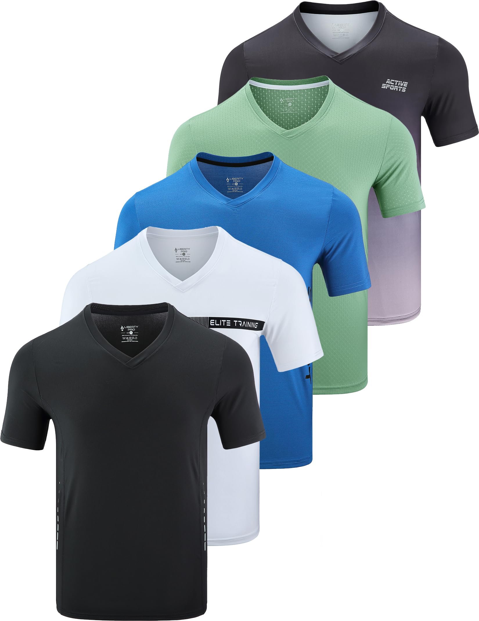 Photo 1 of 5 Pack Mens V-Neck Dry Fit T-Shirts, Active Athletic Short Sleeve Workout Tops, Performance Gym Tees (Set 2, XX-Large)