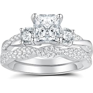 BAGOLIKA Moissanite Wedding Rings Set for Women 925 Sterling Silver Three Stones Princess Cut Engagement Rings for Her D Colo