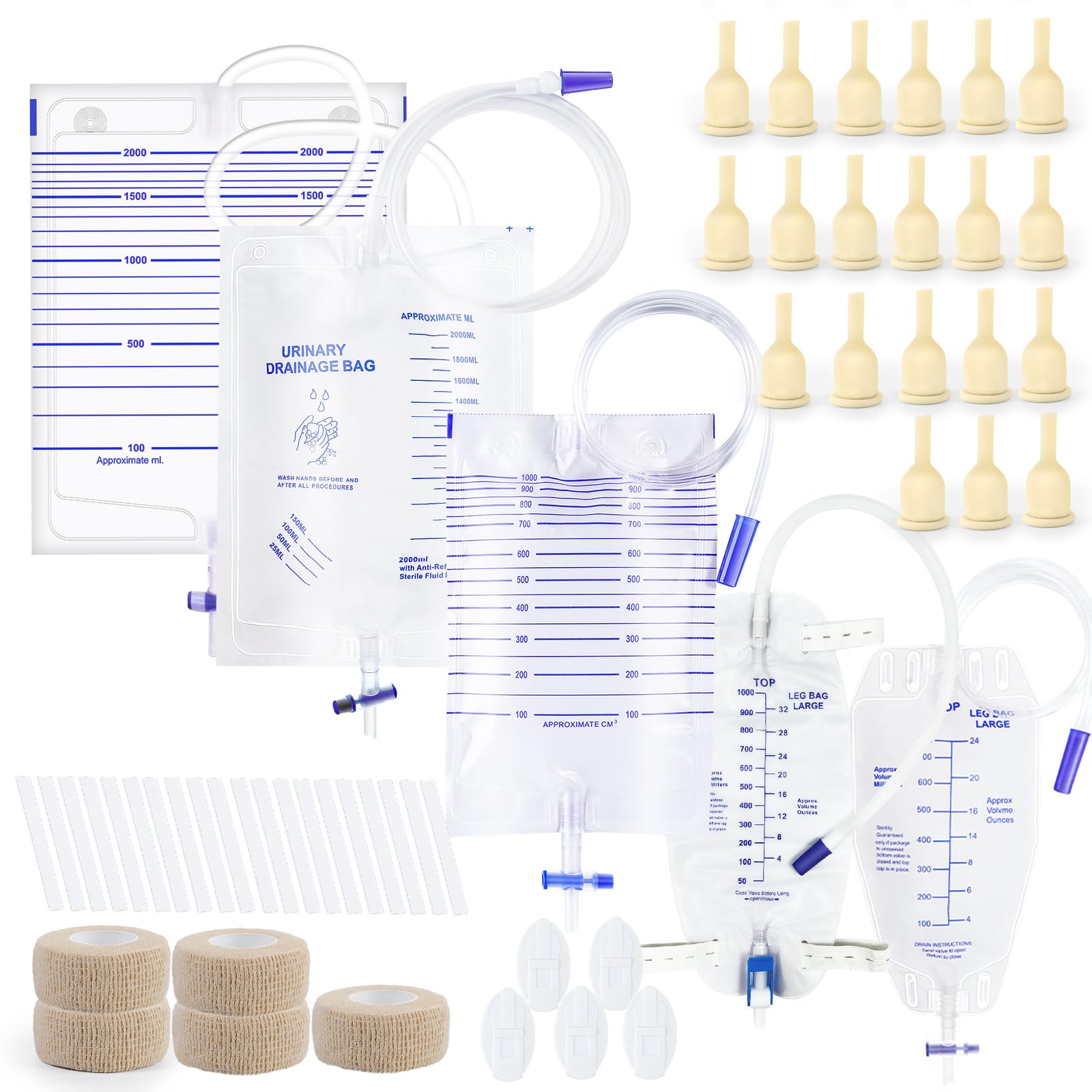 Photo 1 of 20 Latex External Catheters 25mm with Adhesive Strips Multi Bag Urine Collection Set Includes 2000ml Drainage Bags 1000ml Bag Leg Bags Wraps and Stabilizers
