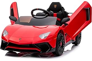 Kidzone Kids Electric Ride On 12V Licensed Lamborghini Aventador Battery Powered Sports Car Toy with 2 Speeds, Parent Control, Sound System, LED Headlights & Hydraulic Doors - Red
