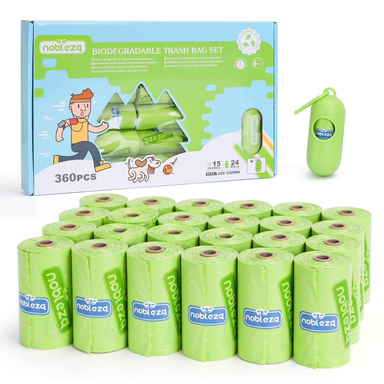Nobleza Dog Poo Bags with 1 Dispenser, 360 Count Poo Bags - Extra Thick & Large, Unscented 100% Leak-proof, Green