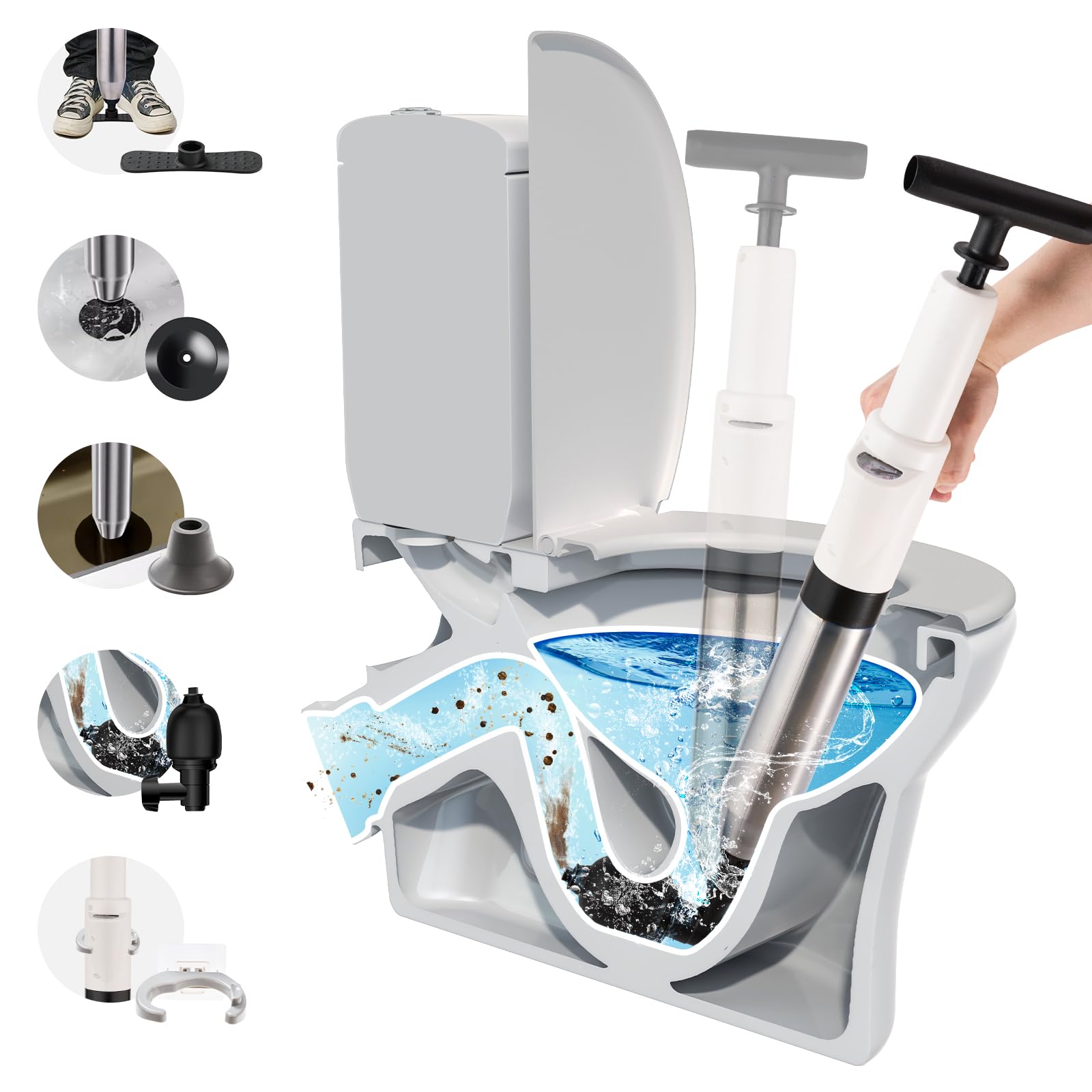 Sewokon Toilet Unblocker Heavy Duty, Toilet Plunger Sink Strongest For Unblocking Toilet Bathtub Sink Kitchen & Pipe Clog (White)