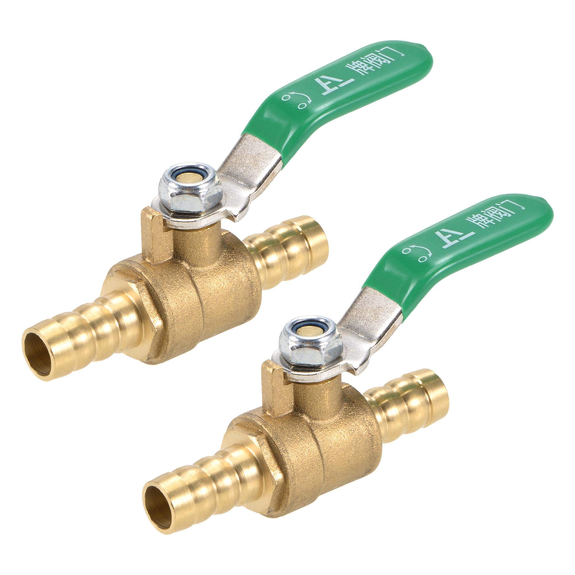 Uxcell Brass Ball Valve, 10mm Hose Barb x 10mm Hose Barb, 180 Degree Operation, Green Handle, Pack of 2