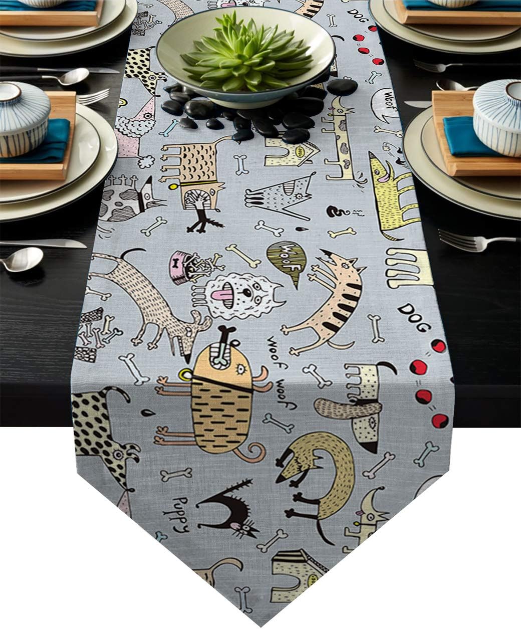 Table Runner Funny Animal Cute Pet Bulldog Image Table Runners for Catering Events, Dinner Parties, Wedding, Indoor and Outdoor Parties, 14 x 72 Inch