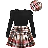 SODLON Girls Clothes Kids Fall Winter Outfits Puff Sleeve Top Girls Plaid Skirt Sets Casual Tween Girl Dresses Size 5-12Y